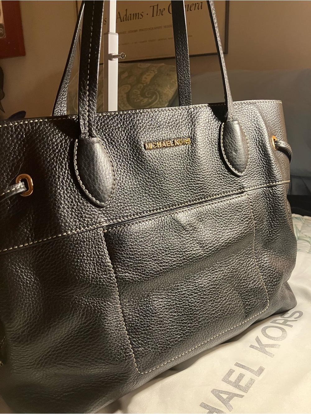 Michael Kors Black Pebbled Leather Tote with Gold Hardware